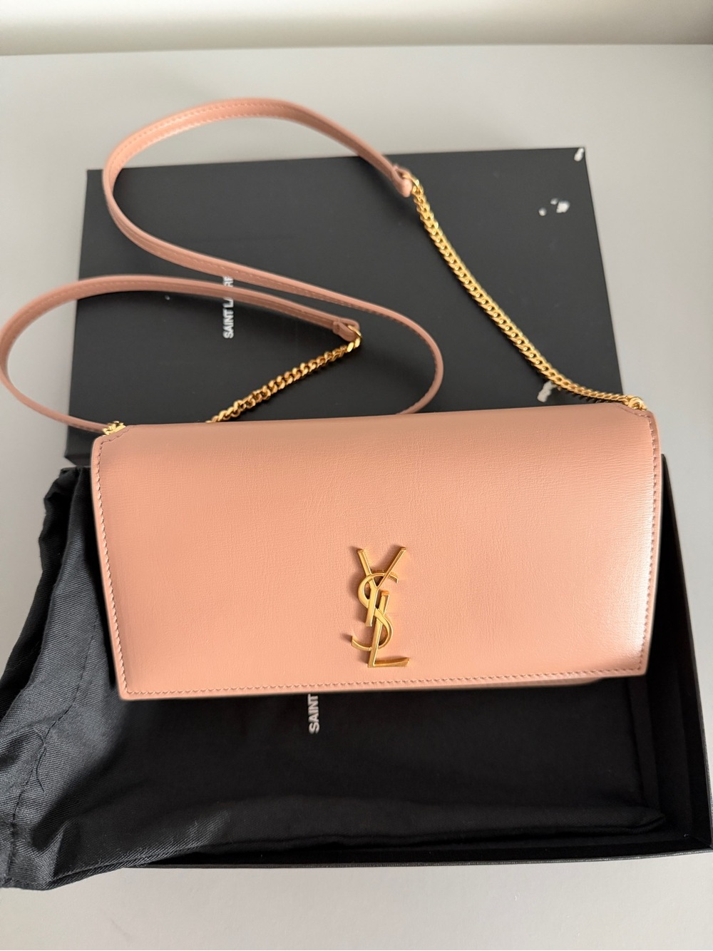 Saint Laurent Cassandre Phone Holder in Smooth Leather Dark Beige Gold Chain